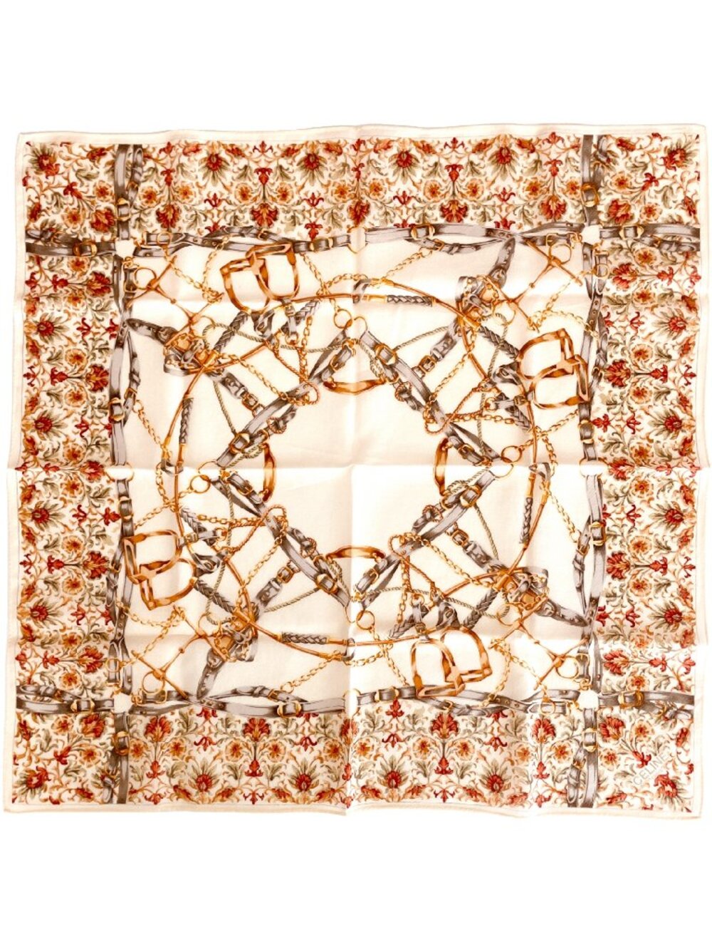 Celine Paris Vintage Cotton Scarf – Equestrian Floral Print